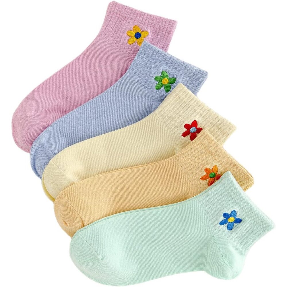 Women's 5 Pairs Flower Embroidery Toe seamed Soft Crew Socks
